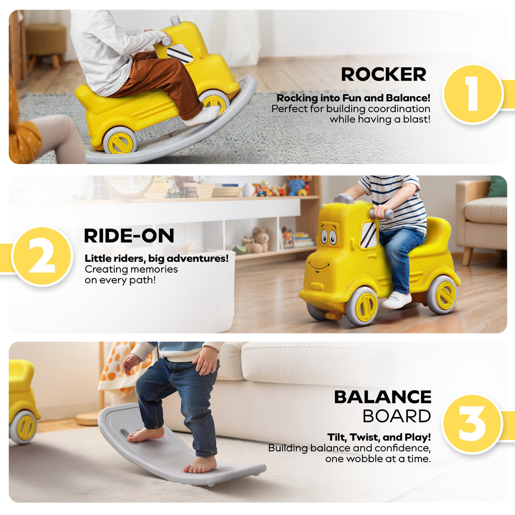 3 in 1 Rock n Rider | Toy Car for Kids | Rider, Rocker and Balance Board, All in One | Yellow
