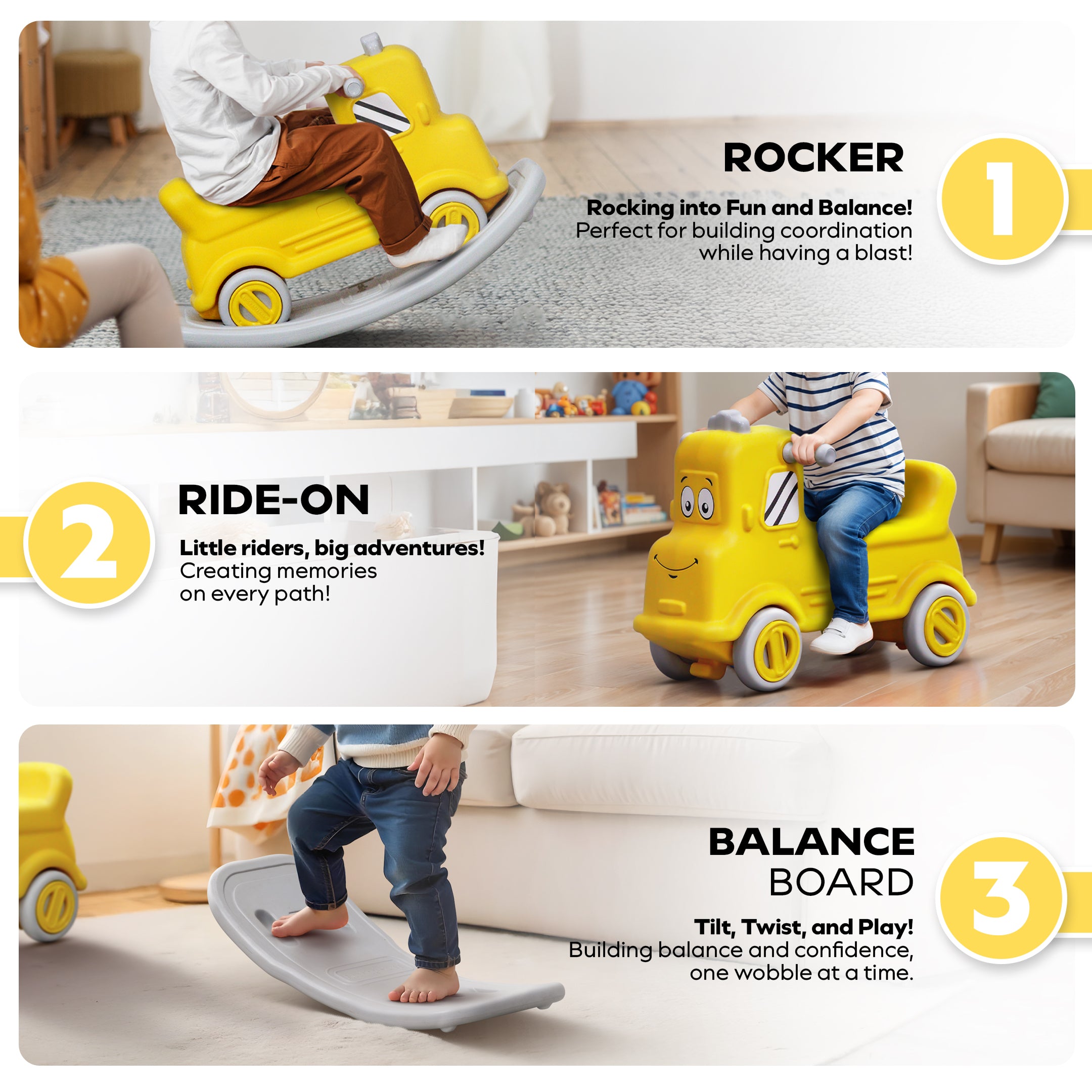 3 in 1 Rock n Rider | Toy Car for Kids | Rider, Rocker and Balance Board, All in One | Yellow